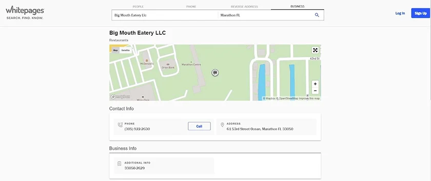 Sample business listing on Whitepages.