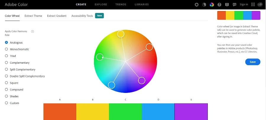 Screenshot of Adobe Color tool color wheel showing how to create a five-color scheme on the wheel by positioning indicators in a pentagonal arrangement.
