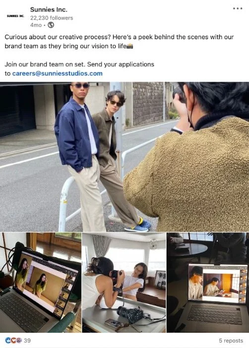 Album post by Sunnies Inc. on Linkedin
