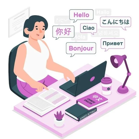 Woman sitting at a workdesk with speech bubbles of Hello in different languages