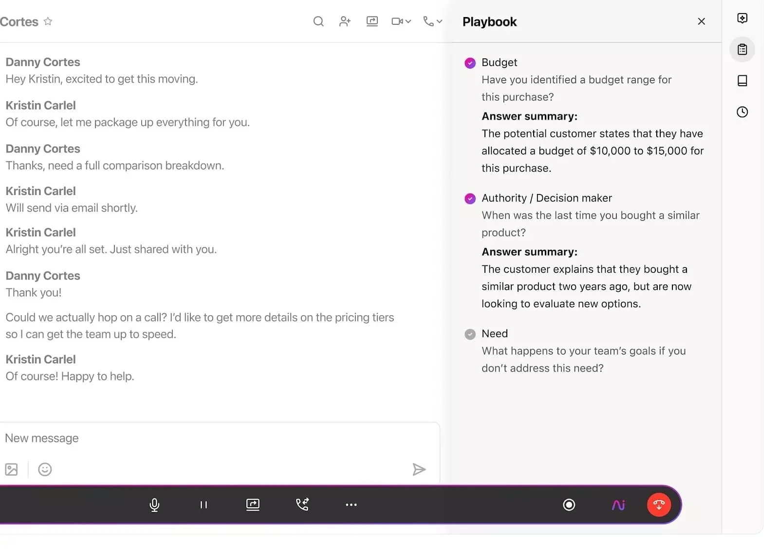 Dialpad AI playbook displaying AI-powered suggestions on a chat between an agent and a customer.
