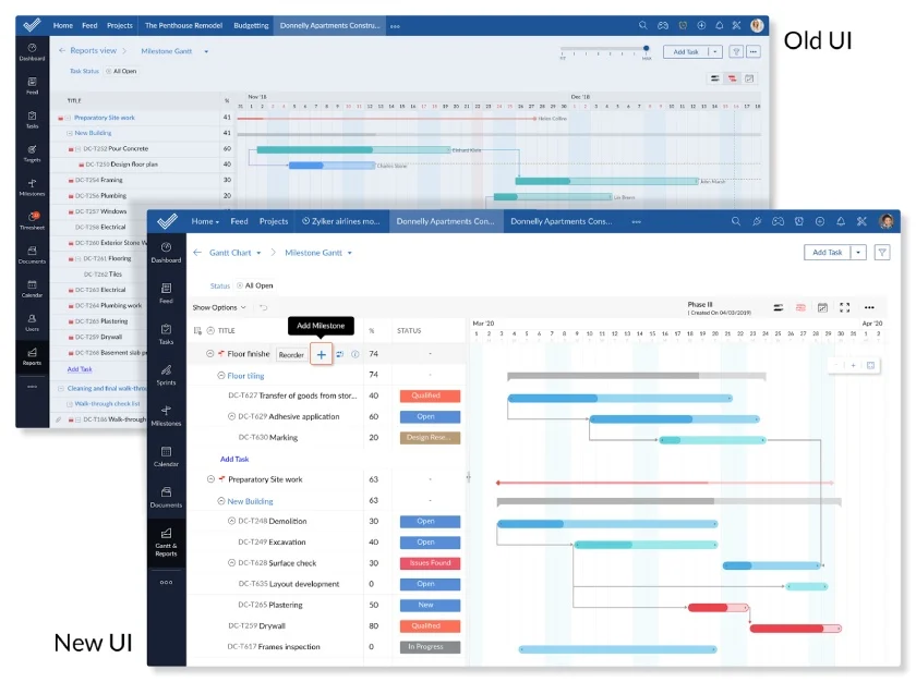 Zoho Projects Gantt chart with old and new interface.