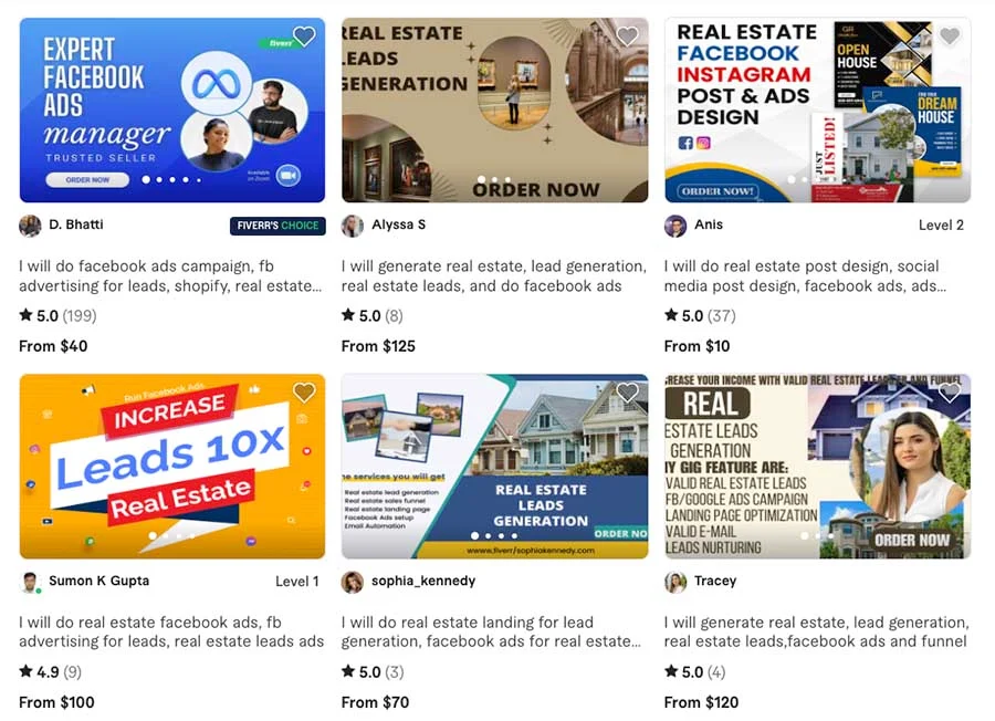 Real estate Facebook ad managers on Fiverr.