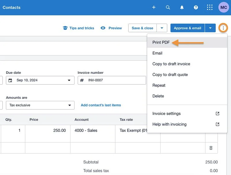 Screen showing how to print an invoice in Xero