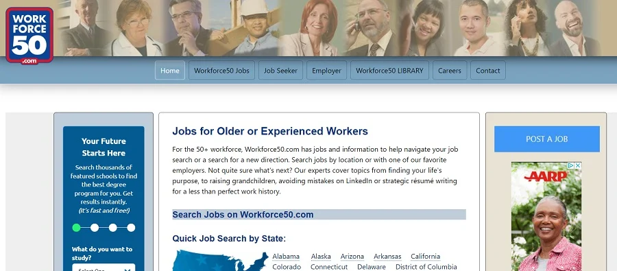 WorkForce50 homepage with buttons for job seekers and employers