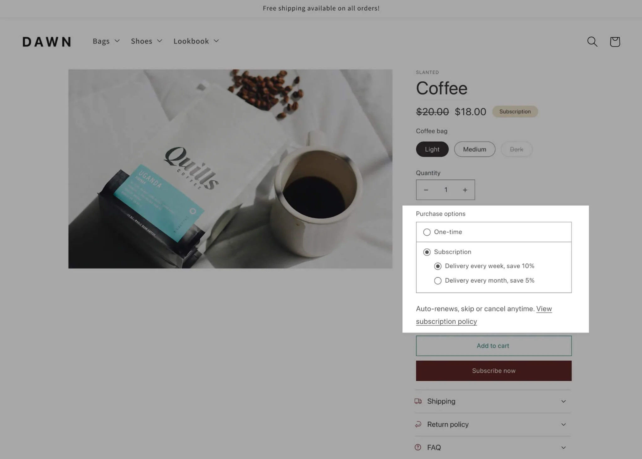 example of shopify subscriptions on a product page on shopify store