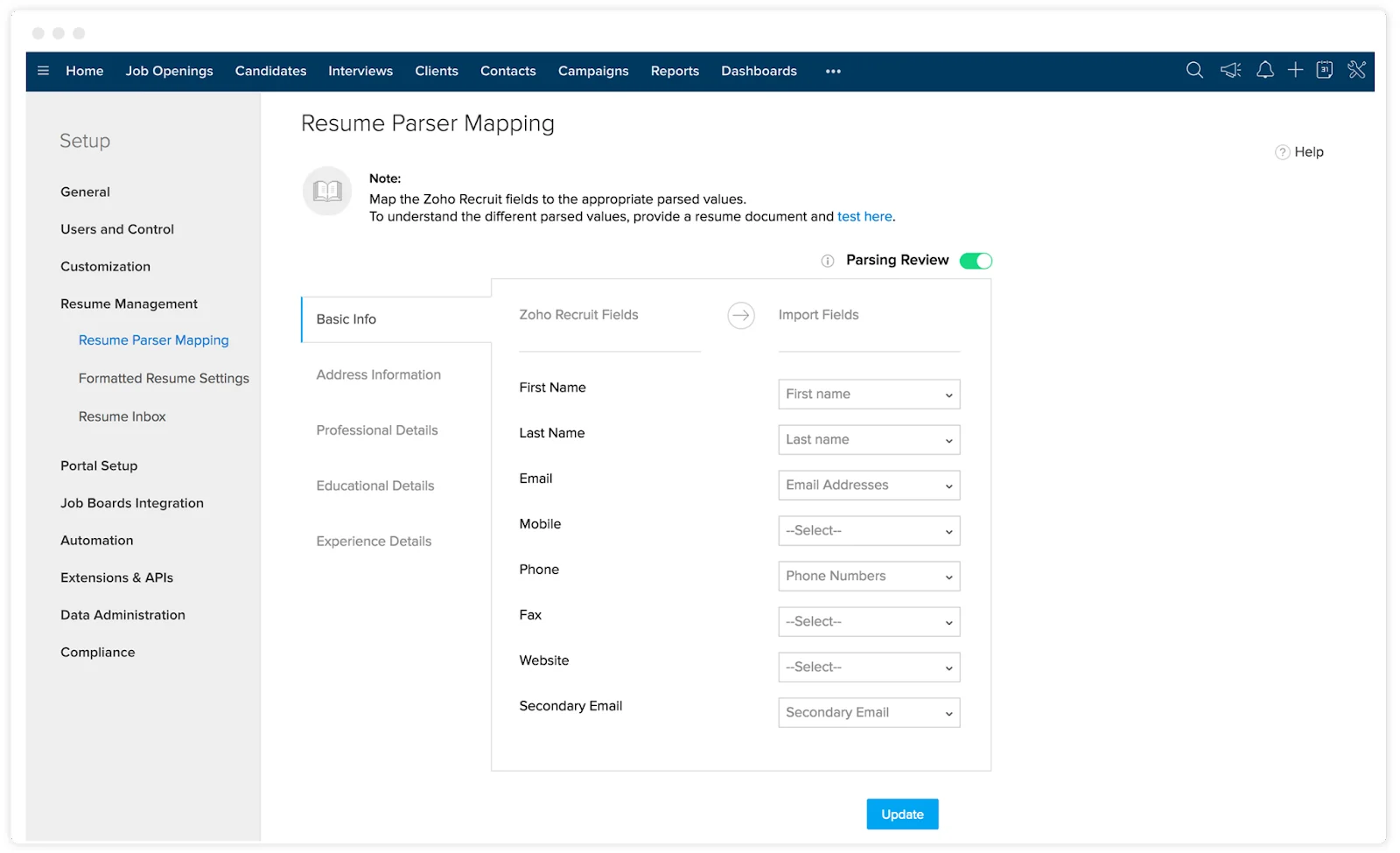 Zoho Recruit software dashboard showing resume parser mapping options.