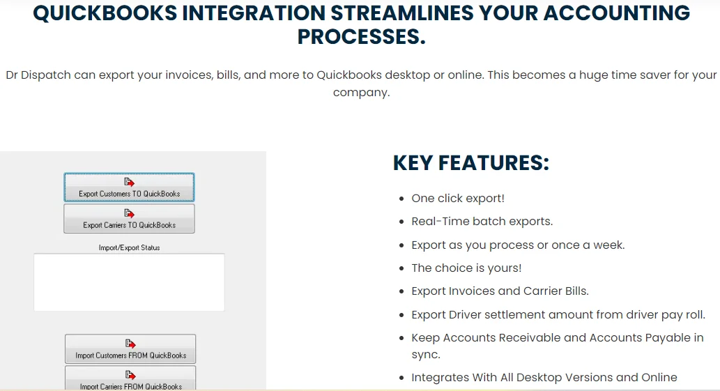 Page in Dr Dispatch showing details about QuickBooks Online integration