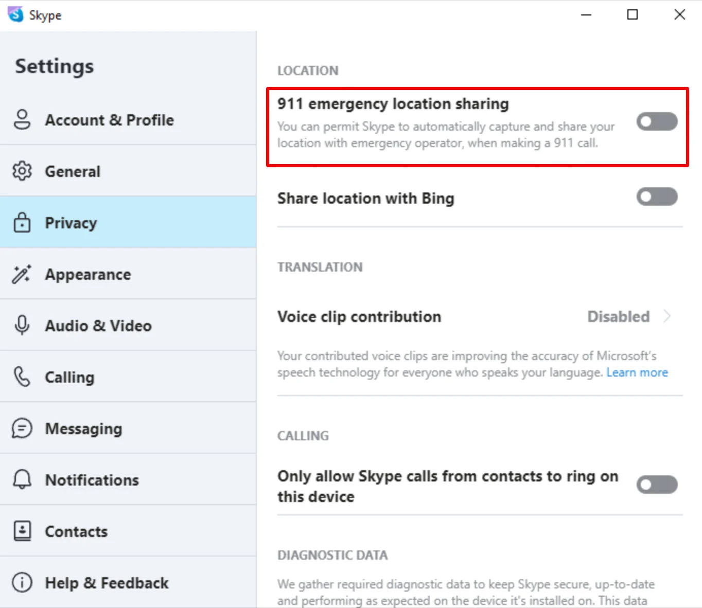 Skype interface showing privacy settings with a red box highlighting "911 emergency location sharing".
