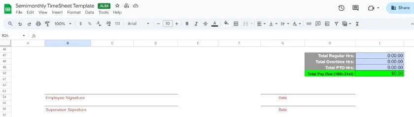Semimonthly timesheet template with formulas for total hours and total pay due for the 16th through the 31st of the month.