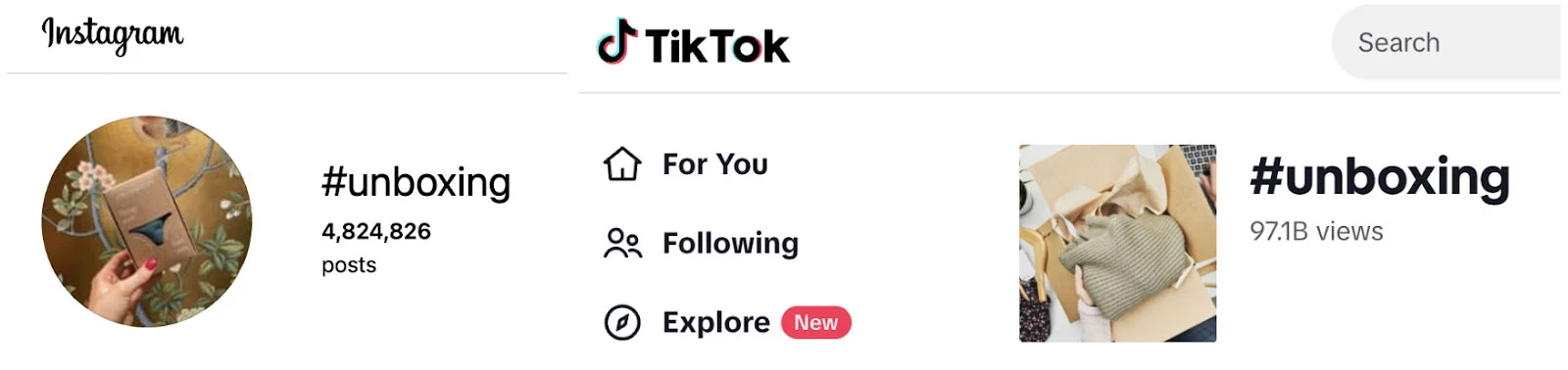 Unboxing hashtag ugc number in Instagram and unboxing hashtag views in tiktok.