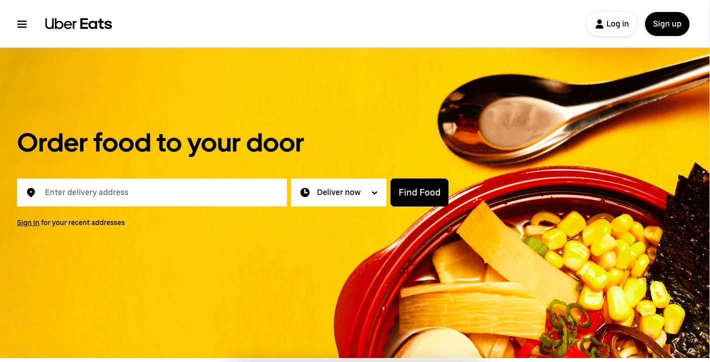 Home page of the UberEats website.