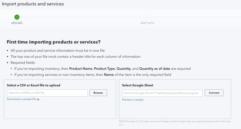 Screen where you can select the product and service item file to import into QuickBooks Online