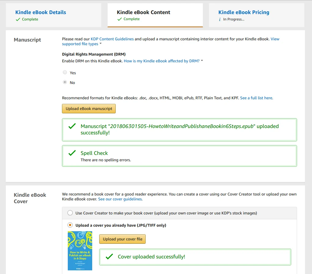 KDP - Amazon Kindle Direct Publishing - upload an ebook file