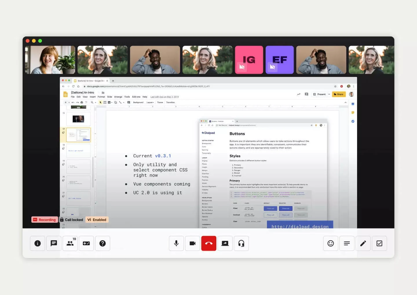 Dialpad interface showing a live video meeting with a user sharing a document on the screen.