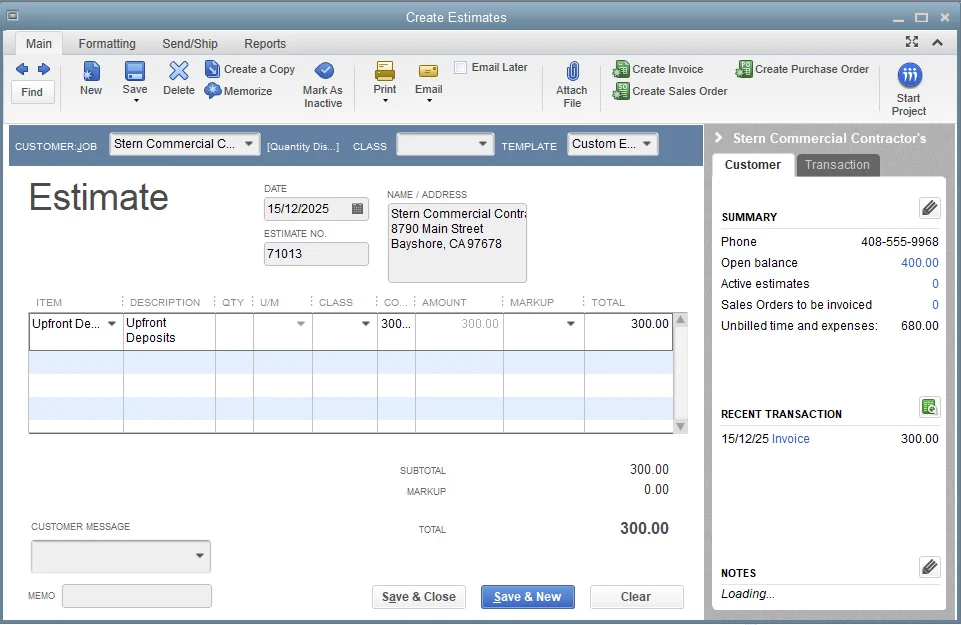 QuickBooks Contractor Edition Estimate form dashboard.