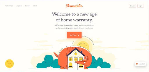 Armadillo website with an orange color scheme showing an illustration of a giant orange armadillo wrapped around a house. The headline is "Welcome to a new age of home warranty."