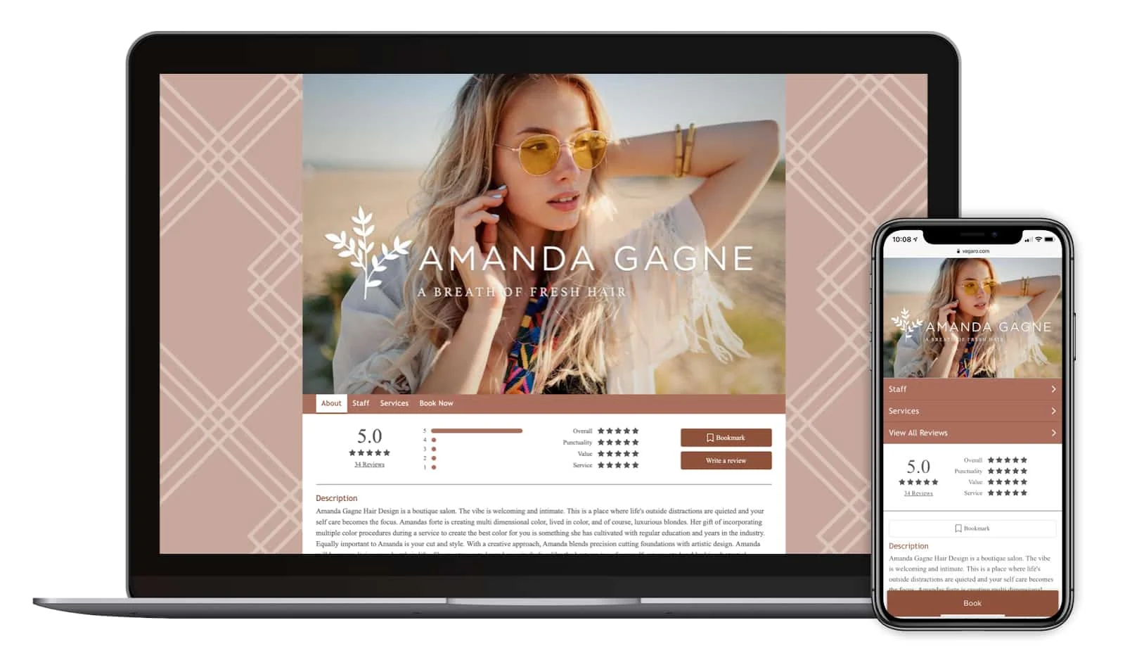 Vagaro hairstylist website sample in desktop and mobile view.