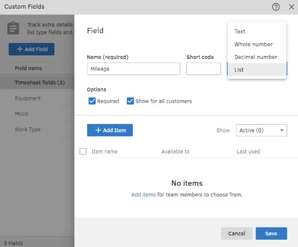 Showing QuickBooks Time's custom fields feature.
