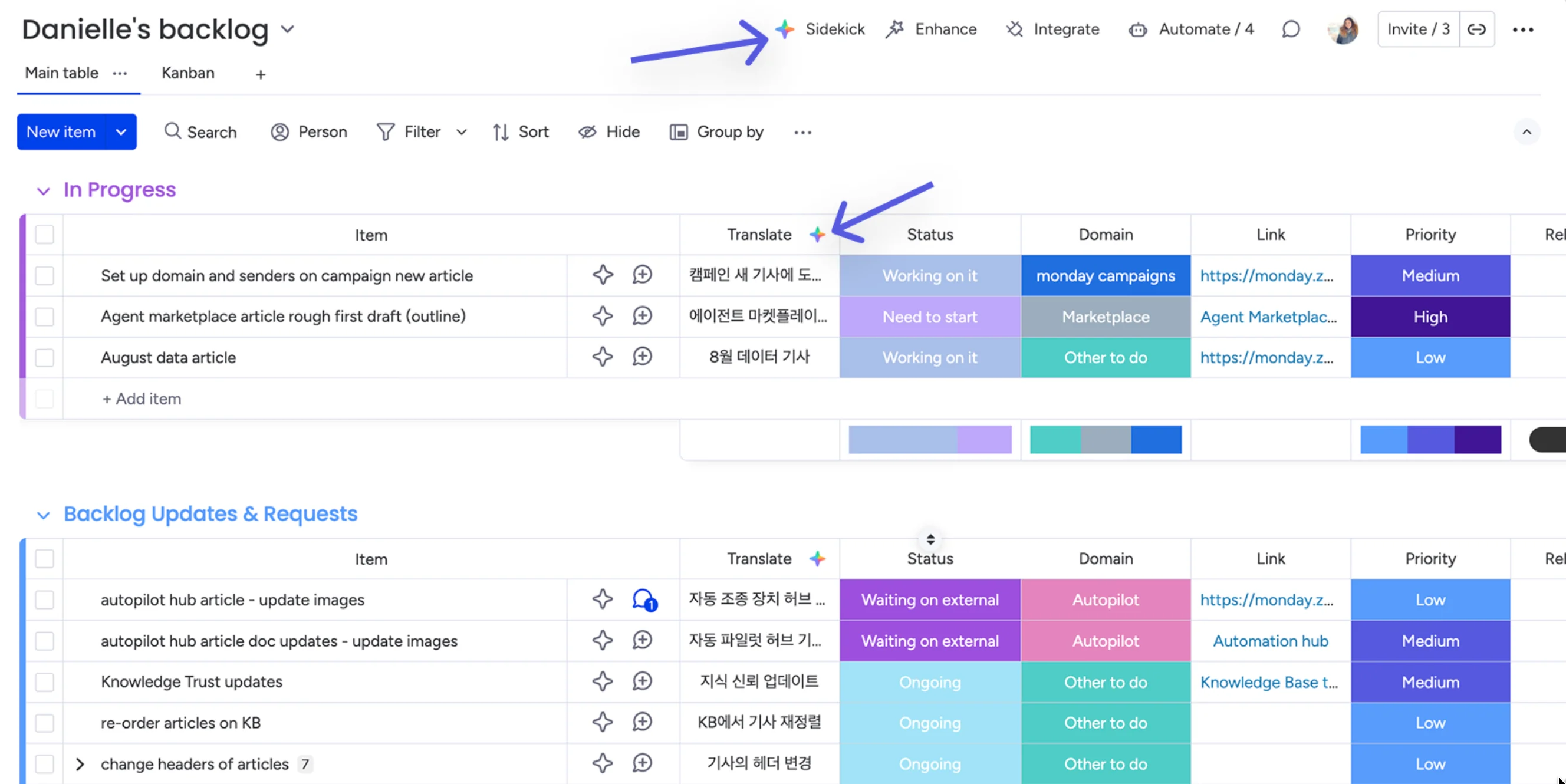monday.com backlog board with an AI-powered column that translates task names from English into Korean.