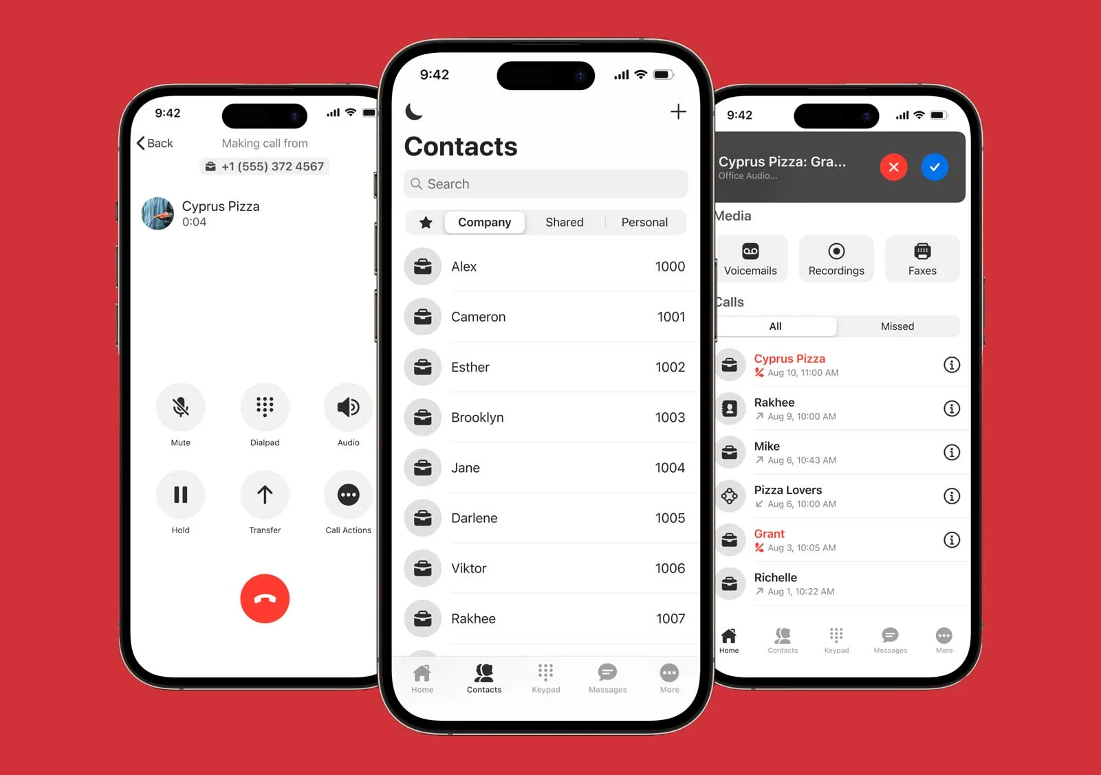 Three cell phone screens each featuring aspects of the Ooma app, including calls and contacts.
