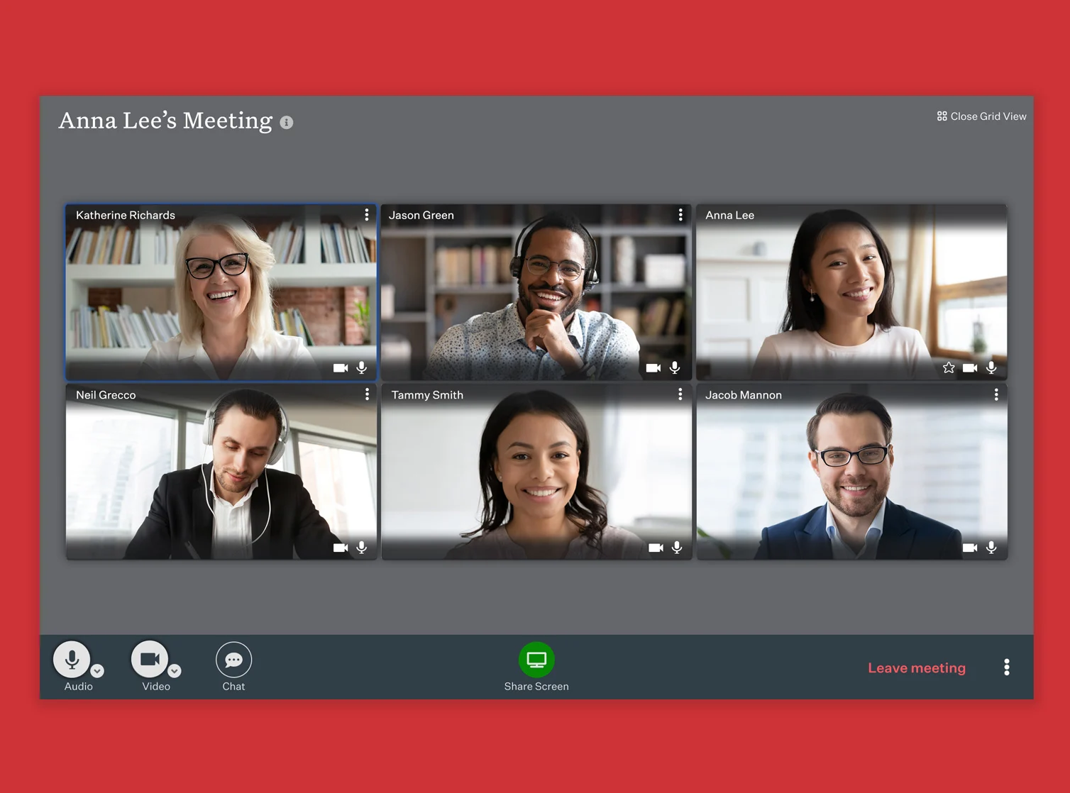 Ooma video conferencing platform with a grid of six meeting participants.