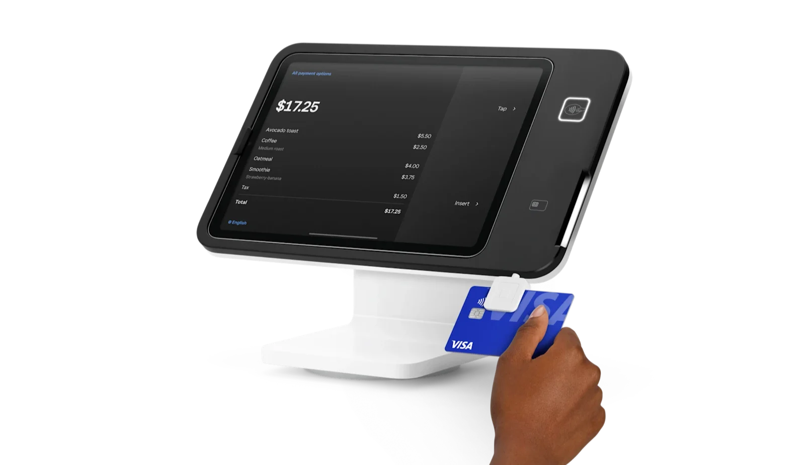 Square Stand POS with iPad display and built-in card reader processing a chip card payment
