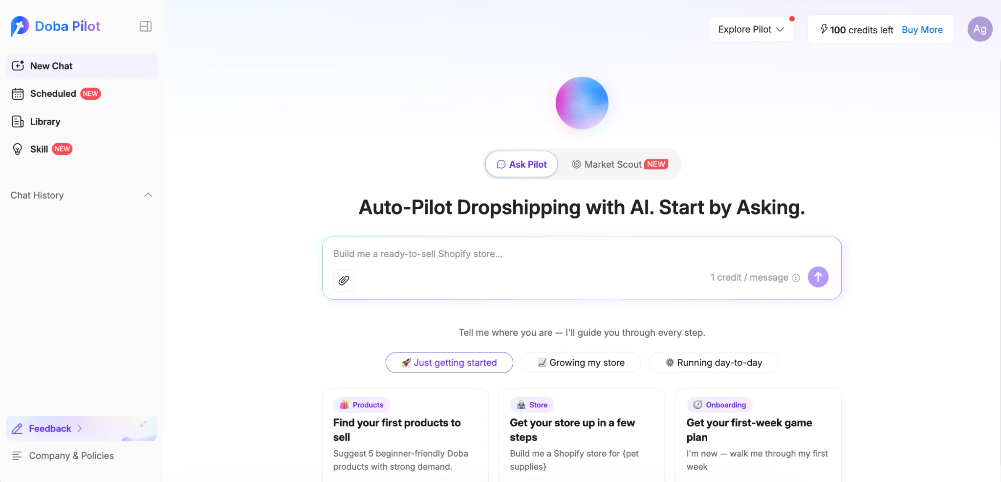Doba Pilot dashboard with Ask Pilot, Market Scout, Scheduled Tasks, and Skills.
