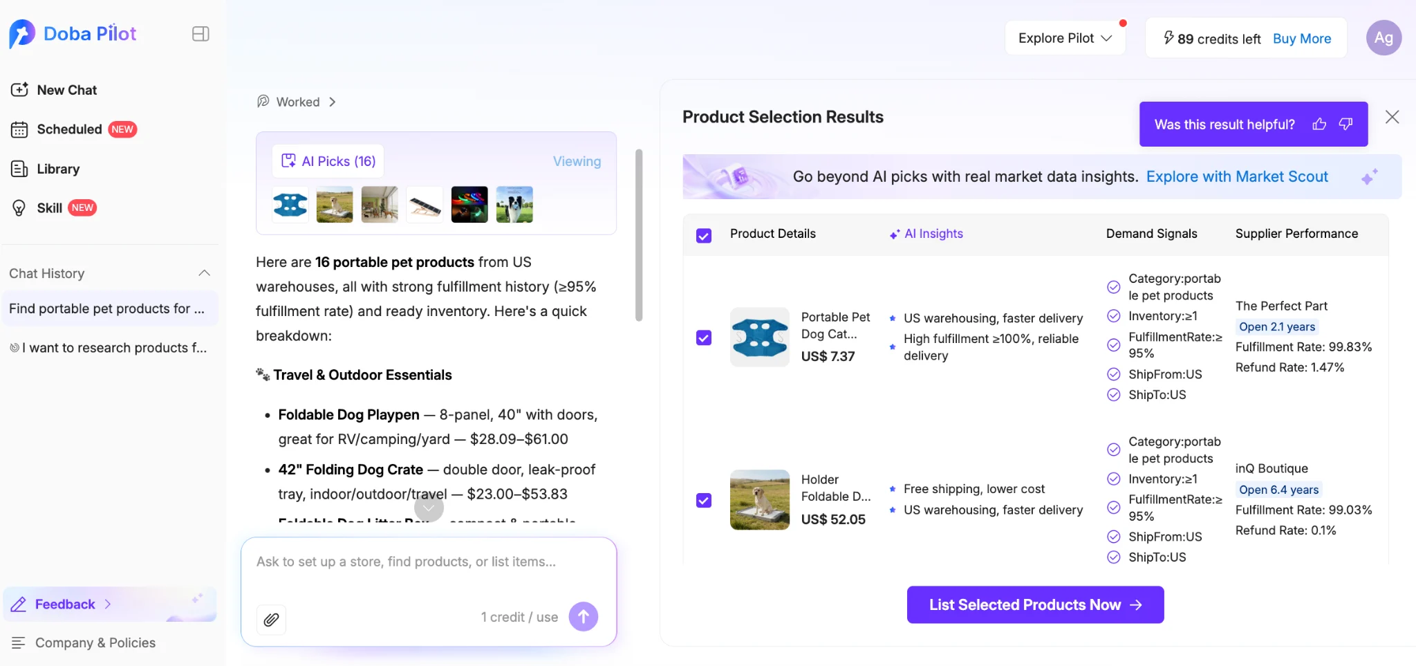 Doba Pilot product sourcing results comparing AI insights, demand signals, and supplier performance.