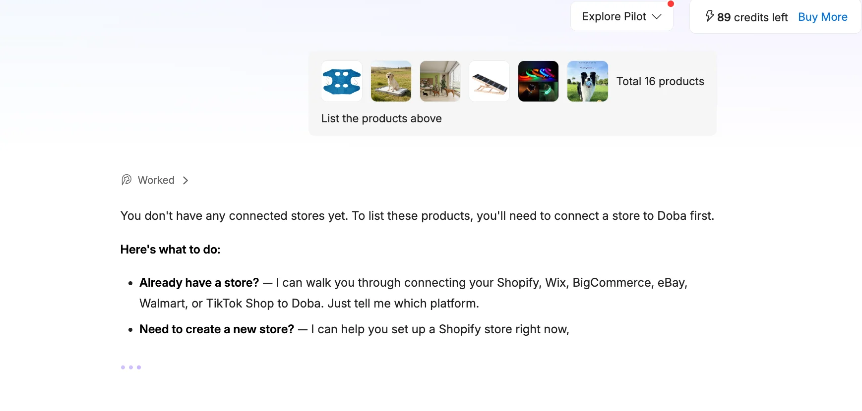 Doba Pilot prompting a seller to connect an ecommerce store before listing selected products.