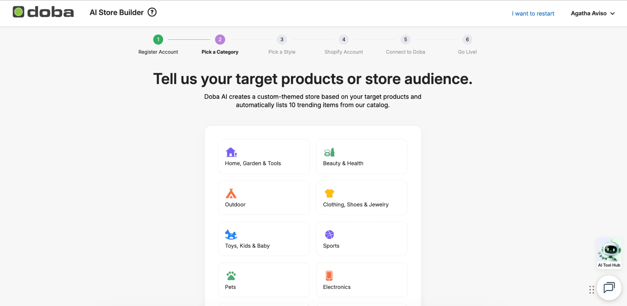 Doba AI Store Builder asking the seller to choose a Shopify store category.