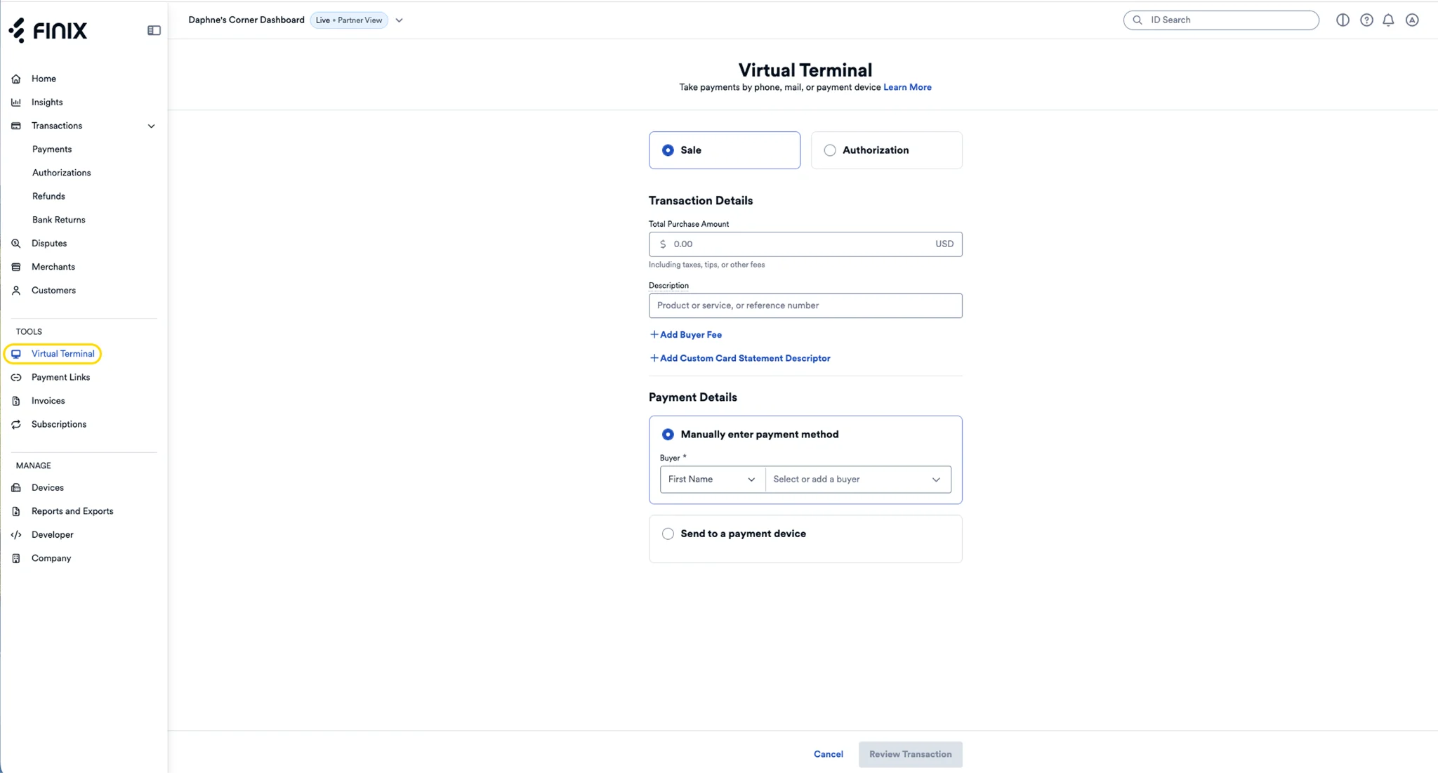 Finix Virtual Terminal dashboard for manually entering customer payment details